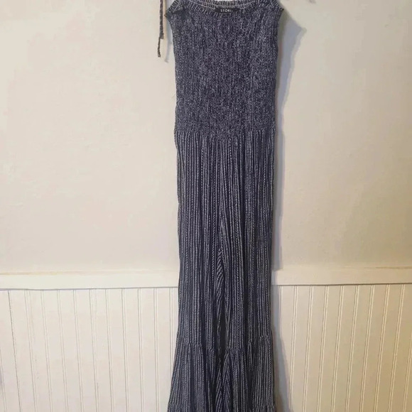 STORIA Deep Blue Floral Print Smocked Tiered Bell Bottom Jumpsuit - Picture 5 of 6